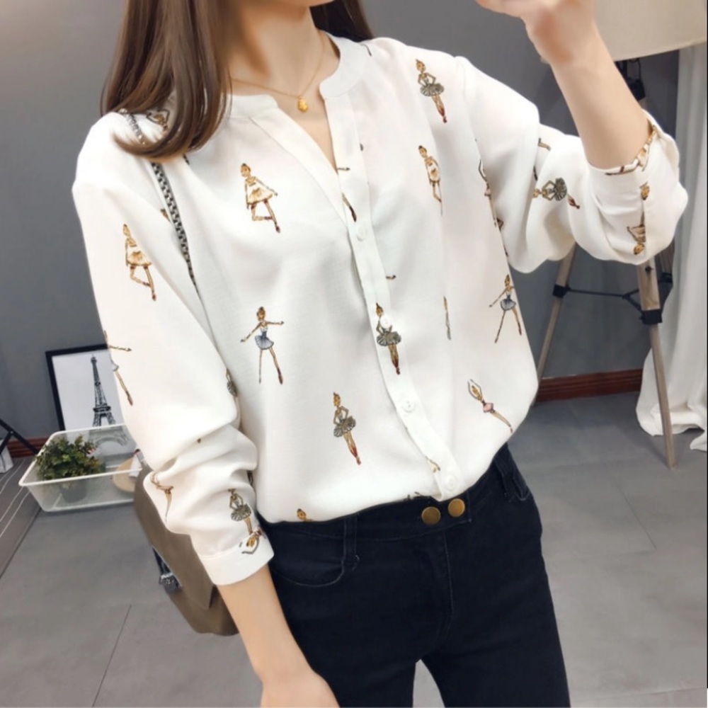 Ballerina print white chiffon blouse